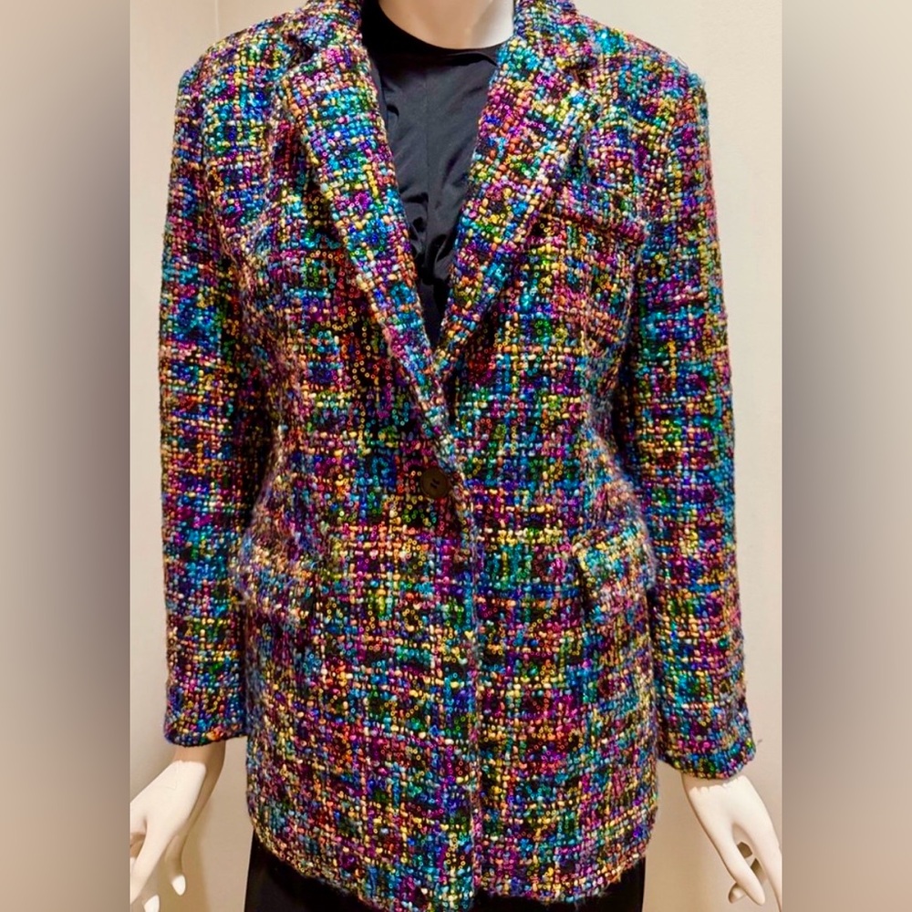Blank NYC Multicolored Sequin Tweed Blazer Small Bling sparkly maximalist